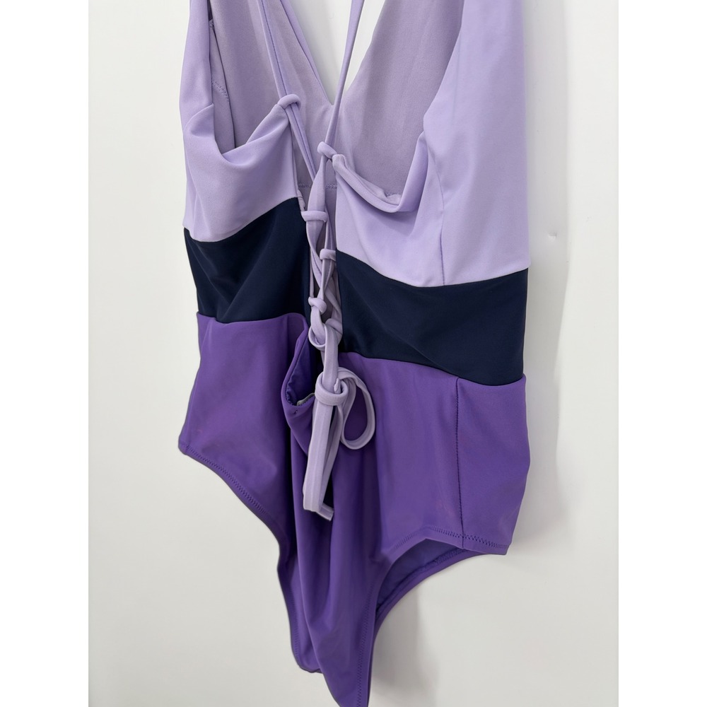 Aerie One Piece Swimsuit Womens Large Purple Colorblock Plunge Lace Up Back
